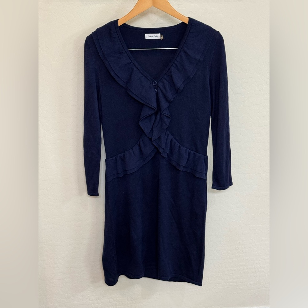 Calvin Klein Navy Ruffle Front V-Neck Long Sleeve Dress Size Large EUC Classic